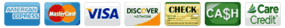 Accepted forms of Payment We take American Express, MasterCard, Visa, Discover, Cash, Check, Care Credit